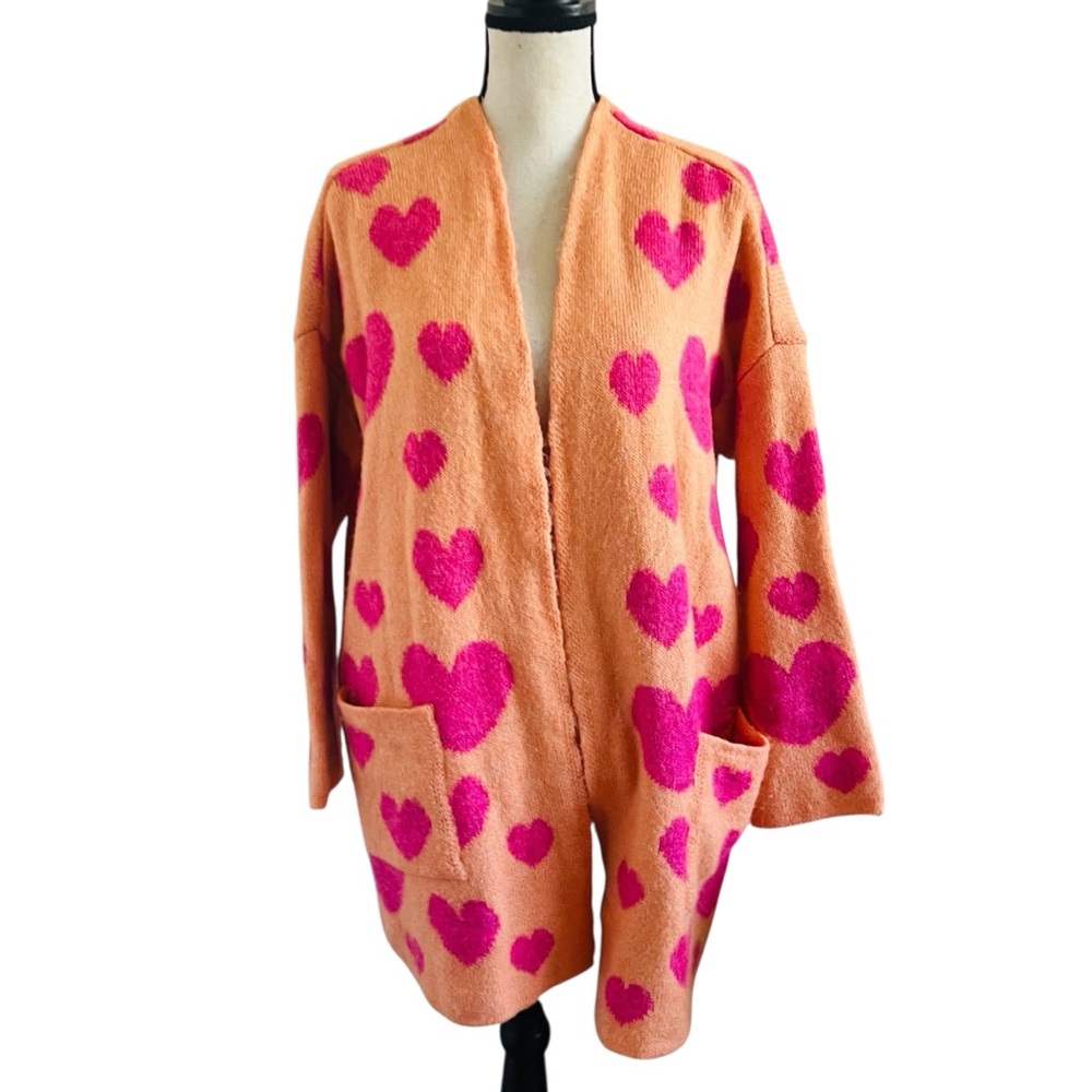 Maeve by Anthropologie Pink and Orange Heart Open Front Knitwear Swatter